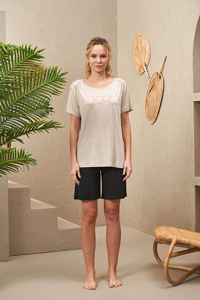 PJS 25184 Set de pantaloni scurți cu mâneci scurte cu mâneci scurte, cu gât rotund, cu buline