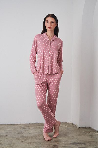 PJS 24501 Set pijama moale roz cu buline, cu nasturi, pentru femei