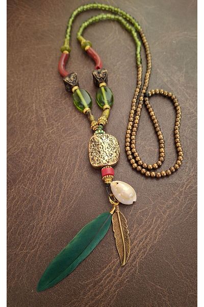 azra takı tasarım Bohemian, Zamak Plated, Leaf, Feather and Greyhound Bead Detailed Evil Eye, Women's Necklace
