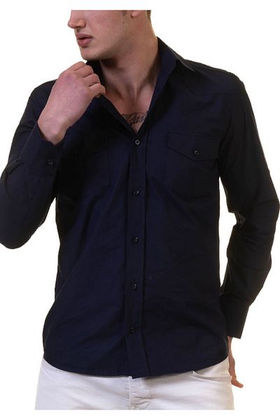 Exve Exclusive Μπλε Navy Len Απλό μονόχρωμο πουκάμισο με διπλή τσέπη με λεπτή εφαρμογή Western