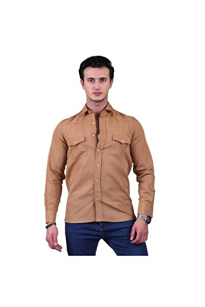 Exve Exclusive Mustard Yellow Flared Woven Solid Color Slim Fit Western Shirt with Double Pocket Flaps