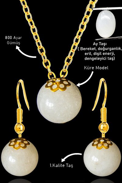 Erilsa Gold Globe Model Moonstone Necklace and Earring Set - Silver Apparatus, Certified