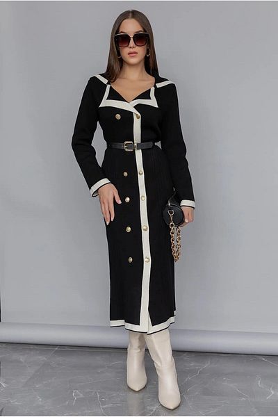 zoe star Rochie lungă din tricot cu nasturi, cu dungi albe, guler dublu