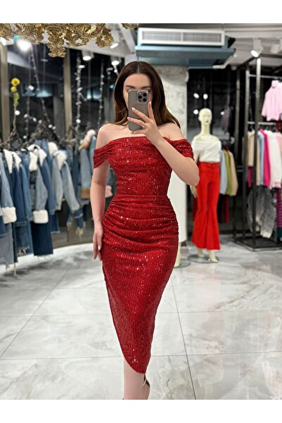 missswans Liana Degaje Yaka Midi Elbise Kırmızı