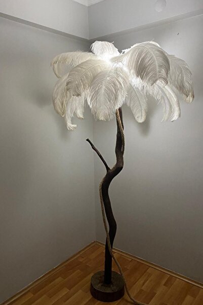 HeyNoid Deve Kuşu Tüyü Lambader Ağaç Lambader %100 Orjinal Deve Kuşu Tüyü Lambader Modern Lambader