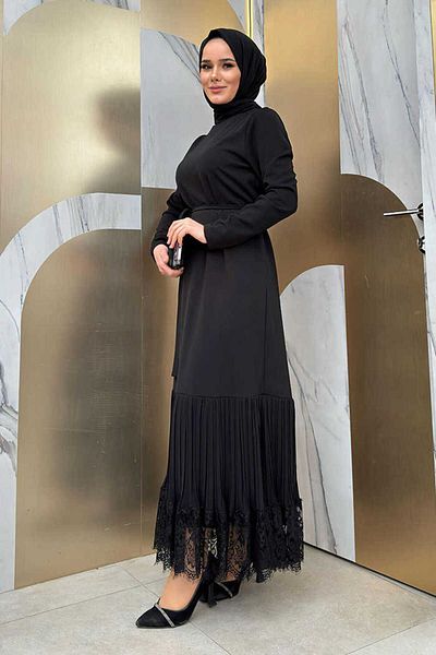 Bym Fashion Ζώνη φόρεμα με πλισέ με δαντέλα 3890 μαύρο