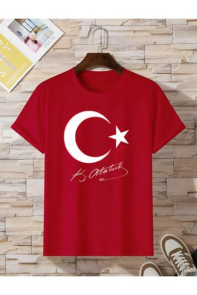 NewCabin New Season Oversize AYYILDIZ TURKISH FLAG ATATURK SIGNED Printed Cotton Jersey Fabric Red T-shirt