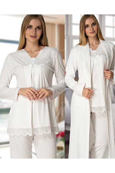 Effortt Set pijama de maternitate cu halat ecru