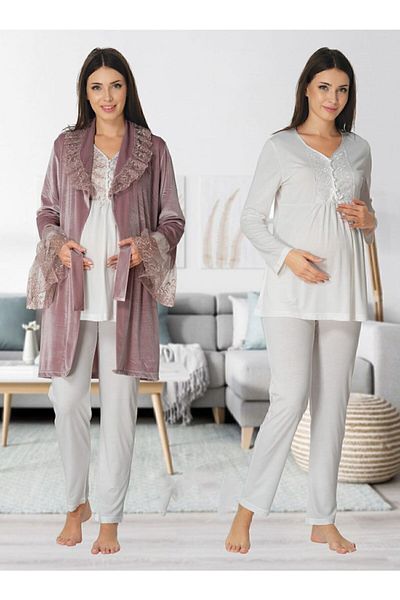 Effortt Velvet Maternity Pajamas and Dressing Gown Set - Mink 8088