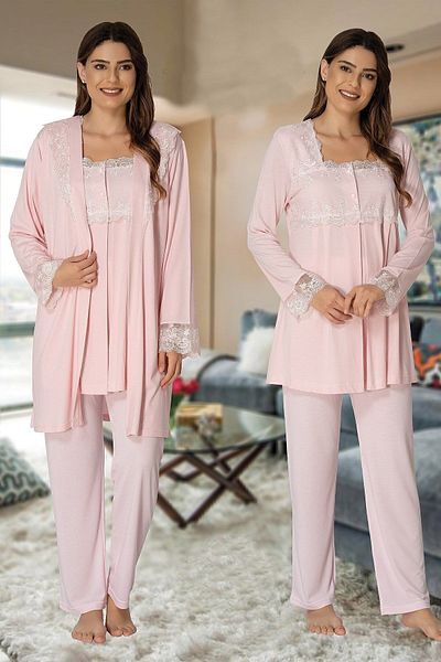 Effort Pijama طقم بيجامة بأكمام طويلة للحوامل والحوامل باللون الوردي - مع رداء صباحي 2401