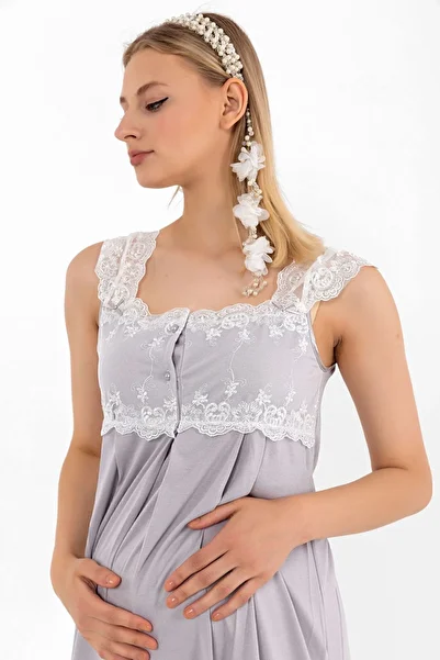 ByLohusa Effortt Gray Lace Maternity Maternity Nightgown