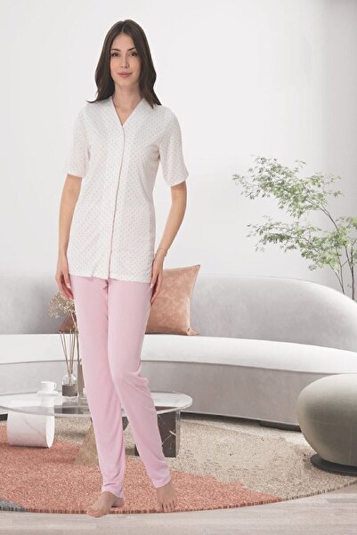 ByLohusa طقم بيجامة بأكمام قصيرة وأزرار أمامية باللون الوردي