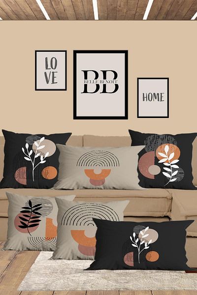 Belle Benoit Set de huse de perne pătrate, dreptunghiulare, 30 x 50 și 43 x 43, 6 bucăți, cu imprimeu dublu, bej, antracit modern