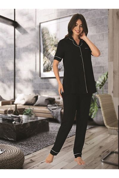 Effortt Pinnak Black Buttoned Front Maternity Pajamas