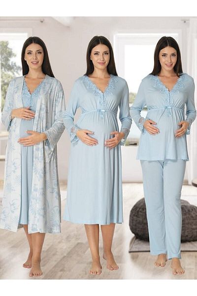 HAMİLE ÇARŞISI Long Sleeve Blue Maternity Pajamas Nightgown Set with Dressing Gowns