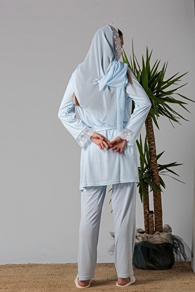 ByLohusa Effortt Mavi Tesettürlü Sabahlıklı Hamile Lohusa Pijama Takımı