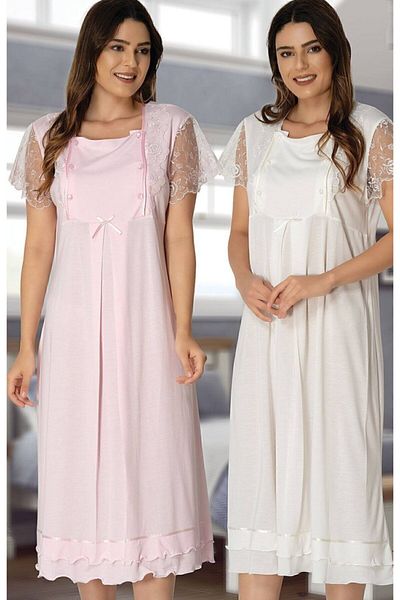 Effort Pijama Дамски комплект нощница за бременни с дантелени ръкави в екрю цвят Effortt 2052ep
