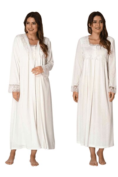 Effortt Cămașă de noapte de maternitate cu halat ecru