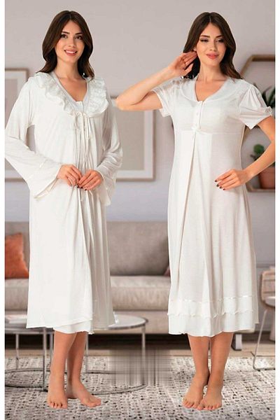 Effort Pijama Effortt 8025 Ecru Maternity Nightgown Set with Lace Collar and Dressing Gowns