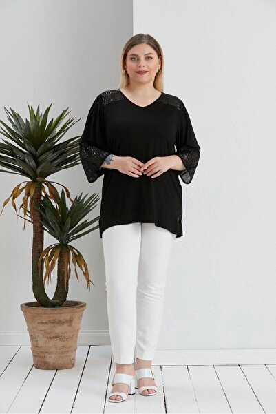 FOR ESRA BIG TREND Γυναικεία μπλούζα με κέντημα με παγιέτες και ώμους και μανίκια, χαμηλού κοψίματος, μανίκι τριών τετάρτων, εύκαμπτη μπλούζα με λαιμόκοψη σε σχήμα V