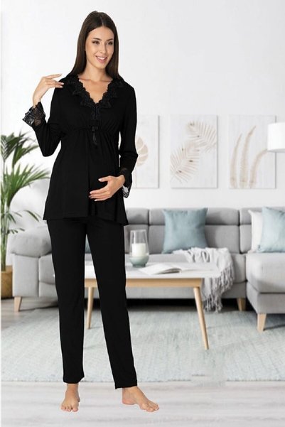 Effort Pijama Zerre Bebe Women's Black Long Sleeve Pajamas Set Nightgown Dressing Gown Maternity Pregnant 4 Pieces Set