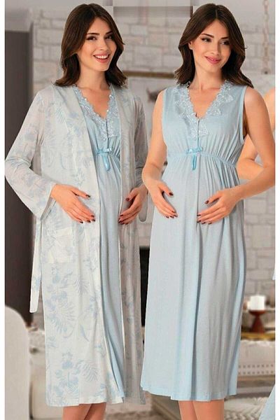 Effort Pijama Effortt 8036 Pregnant Maternity Set of 4 with Blue Patterned Dressing Gowns