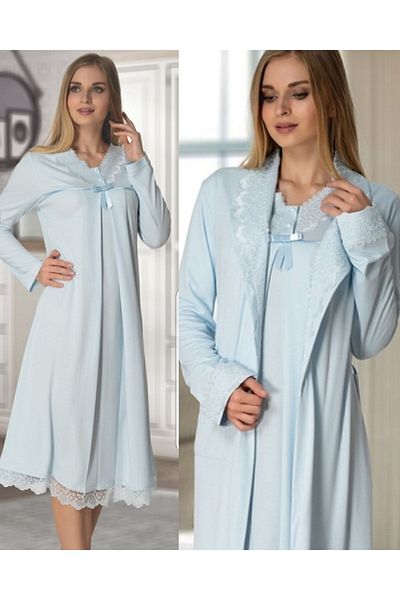 Effortt Cămașă de noapte de maternitate Baby Blue cu halat