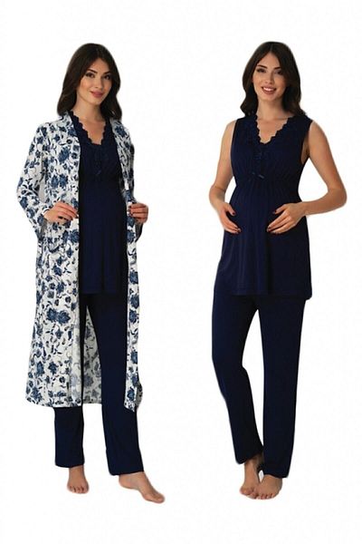 E&C HAMİLE ÇARŞISI Effortt 8034 Navy Blue Pattern Maternity Pajamas with Dressing Gown
