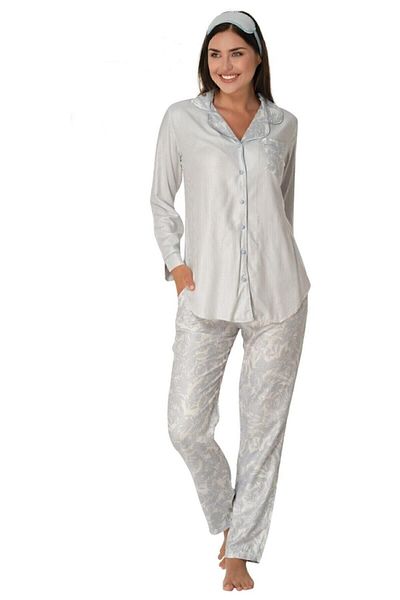 Mecit Pijama من Mecit 5143 طقم بيجامة نسائي منقوش بأزرار أمامية