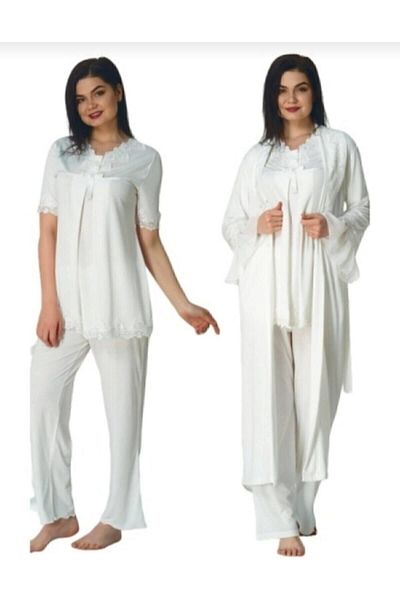 Effortt Women's Ecru Maternity Pajama Set and Dressing Gown