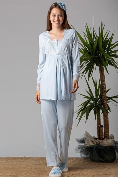 ByLohusa Effortt Mavi Tesettürlü Sabahlıklı Hamile Lohusa Pijama Takımı