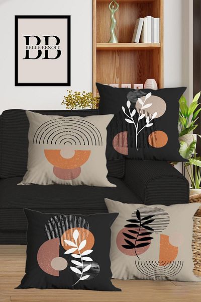 Belle Benoit Set de huse de pernă pentru canapea, cu design bej antracit, imprimat pe două fețe, cu 4 piese