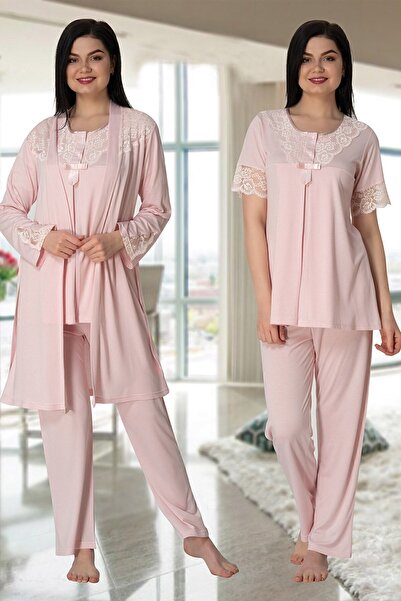 Generic Brand 5025 Powder Pink Lace Collar Maternity Pajamas Set with Dressin...