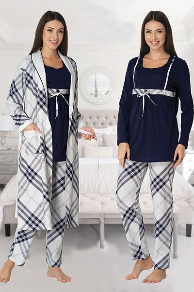 Effort Pijama Zerre Bebe Women's Navy Blue Long Sleeve Pregnant Maternity Pajama Set with Dressing Gown 8084