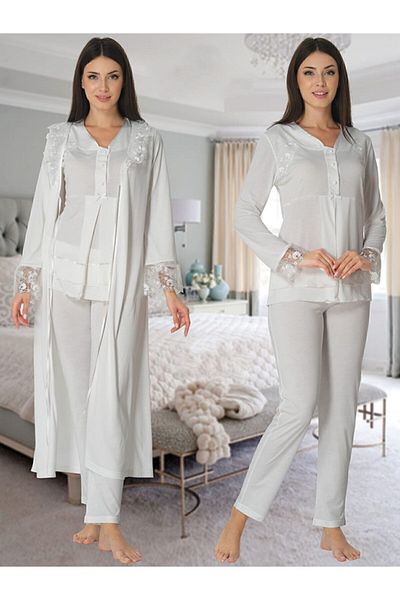 Effortt Mayss Collections 2424 Ecru Color Maternity Pajamas Set with Dressing Gown