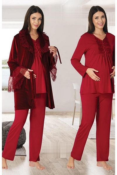 Effort Pijama Women's Cherry Velvet Maternity Pajamas Set with Dressing Gown 8088