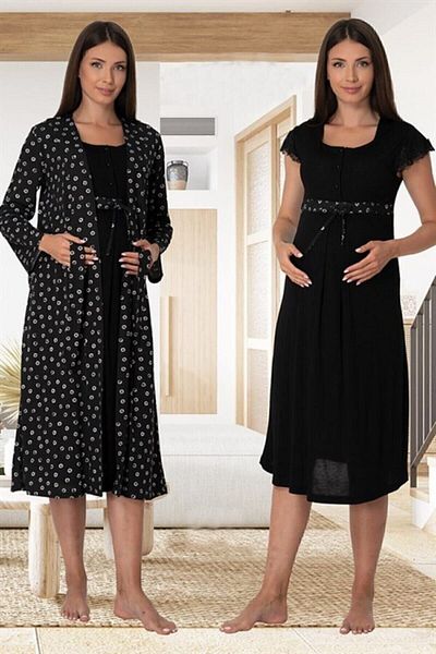 Effort Pijama Freya Effort Maternity Maternity Camasa de noapte cu model neagra cu halat de toaleta