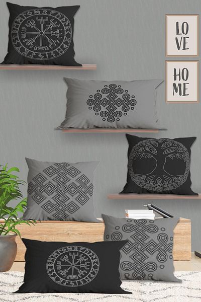 Belle Benoit Modern Grey Viking - Set de 6 huse de pernă cu imprimare pe două fețe, dreptunghi 30x50 și 43x43