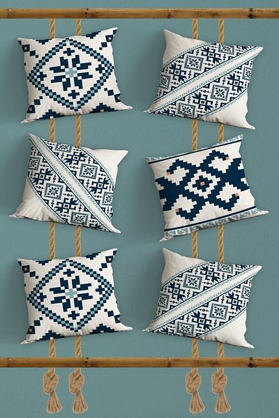 Belle Benoit Set de 6 design albastru și alb cu imprimeu dublu față, decorativ, husă de pernă pentru canapea, husă de pernă