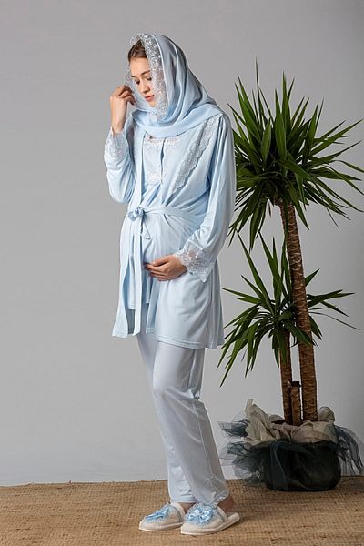 ByLohusa Set de pijamale de maternitate Effortt Blue Hijab și halat