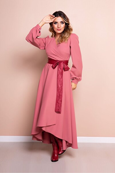 RURIS Kadın Gül Kurusu Bordo Deri Kemerli Uzun Kol Asimetrik Kesim Midi Boy E...