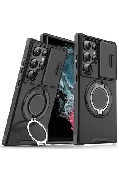 Deppo Trend Samsung Galaxy S22 Ultra Uyumlu Kılıf Kamera Korumalı Sürgülü 360 Dönebilen Magsafe Stand Tank Kapak