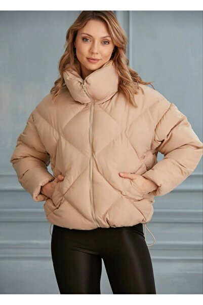 msm fashion Palton puf pentru femei supradimensionat cu guler lat cu model diamantat