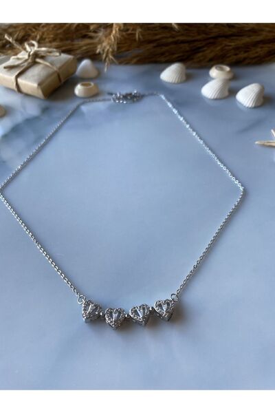 Jeros Accessories Çelik Zirkon Taşlı Çoklu Kalpli Açılır Kapanır Mıknatıslı Yonca Kolye