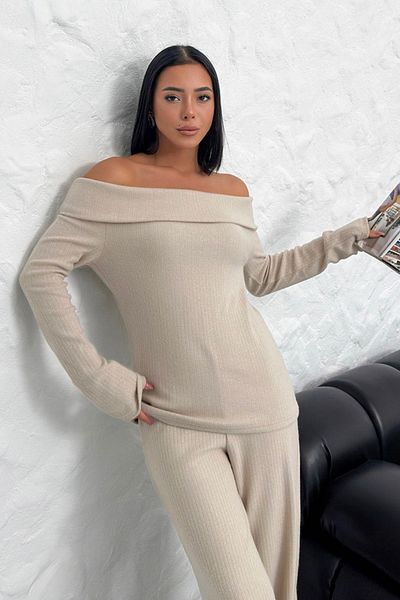 Trendseninle Beige Colored Madonna Collar Women's Thessaloniki Pants Set