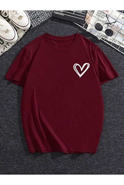 GRİLAND Tricou oversize unisex roșu Claret cu inimă albă imprimată