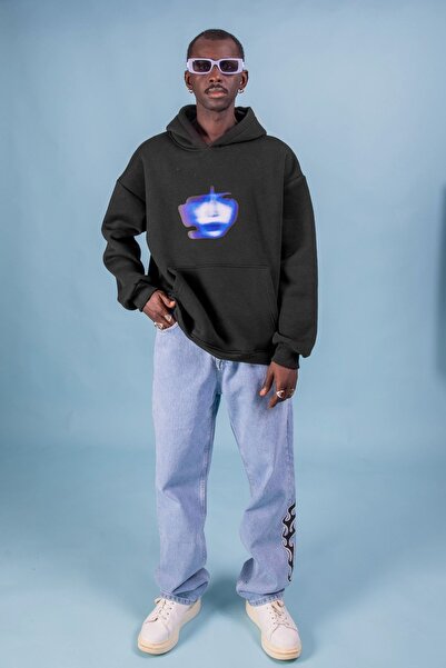 Sekizbiraltı Μαύρο φούτερ με φούτερ με τύπωμα Illusion Face Oversize Unisex