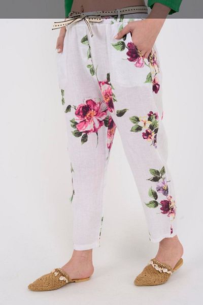 AYASOFYA OTANTIK Women's White Italian Elastic Waist Belt Detailed Flower Pattern Carrot Linen Trousers