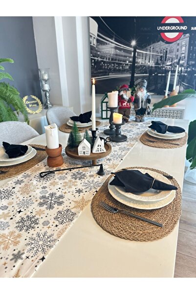 Decamor home Yeni Yıl Temalı Ekru / Siyah Runner Yılbaşı Masası Yılbaşı Runner (PEÇETE DAHİL DEĞİL)