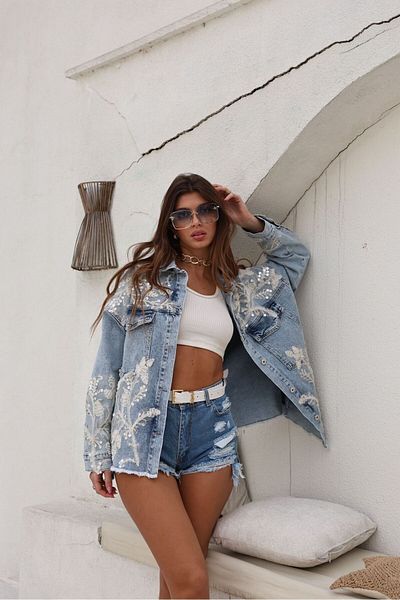 S&A Collectionn Jachetă de jean albastră supradimensionată cu paiete, cu imprimeu floral, cu paiete, cu design special
